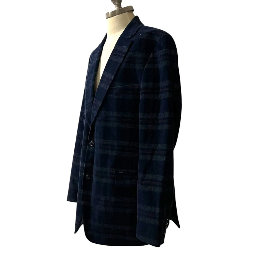 Tommy Hilfiger Mens Navy Blue Plaid Corduroy Sport Coat Blazer 43R